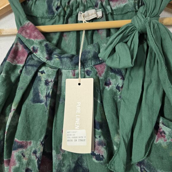 Bellambra Pure Linen Shift Dress sz XS Green Print Sleeveless Tie Neck Italy - Picture 7 of 12